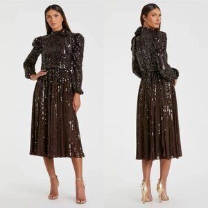 Mac Duggal Size 2 Brown 93642 Long Sleeve Sequin Tea Length Dress